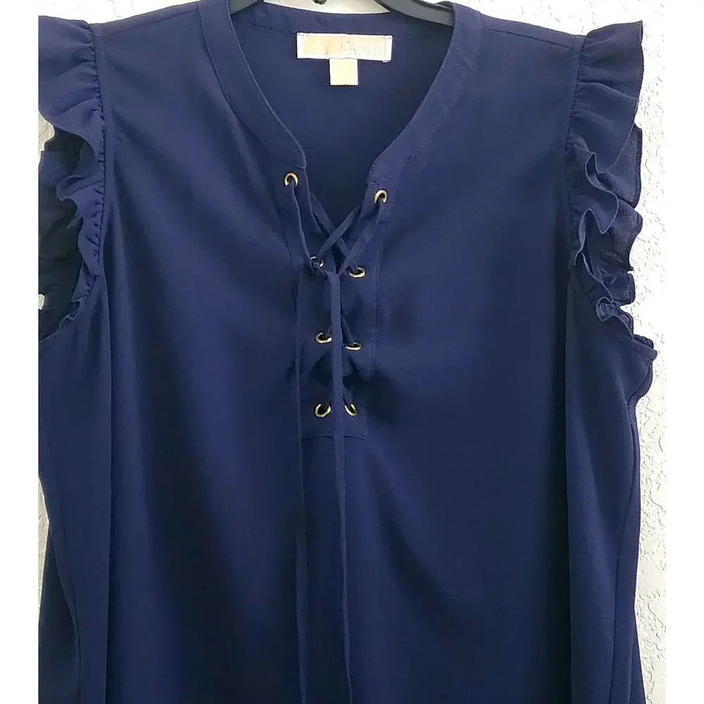 Michael Kors Women's L Navy Blue Ruffle Sleeve Lace Up Blouse Gold Hardware Top